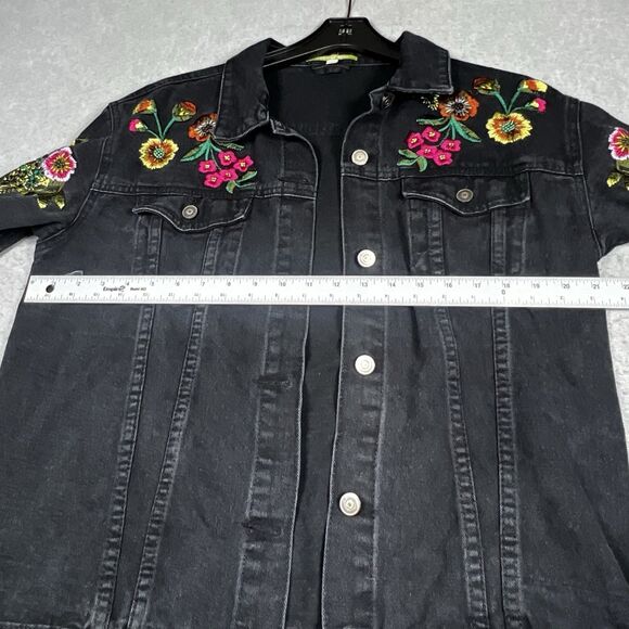 Gianni Bini Jean Jacket Womens Large Black Embroidered Flowered Colorful Bright - Picture 6 of 10